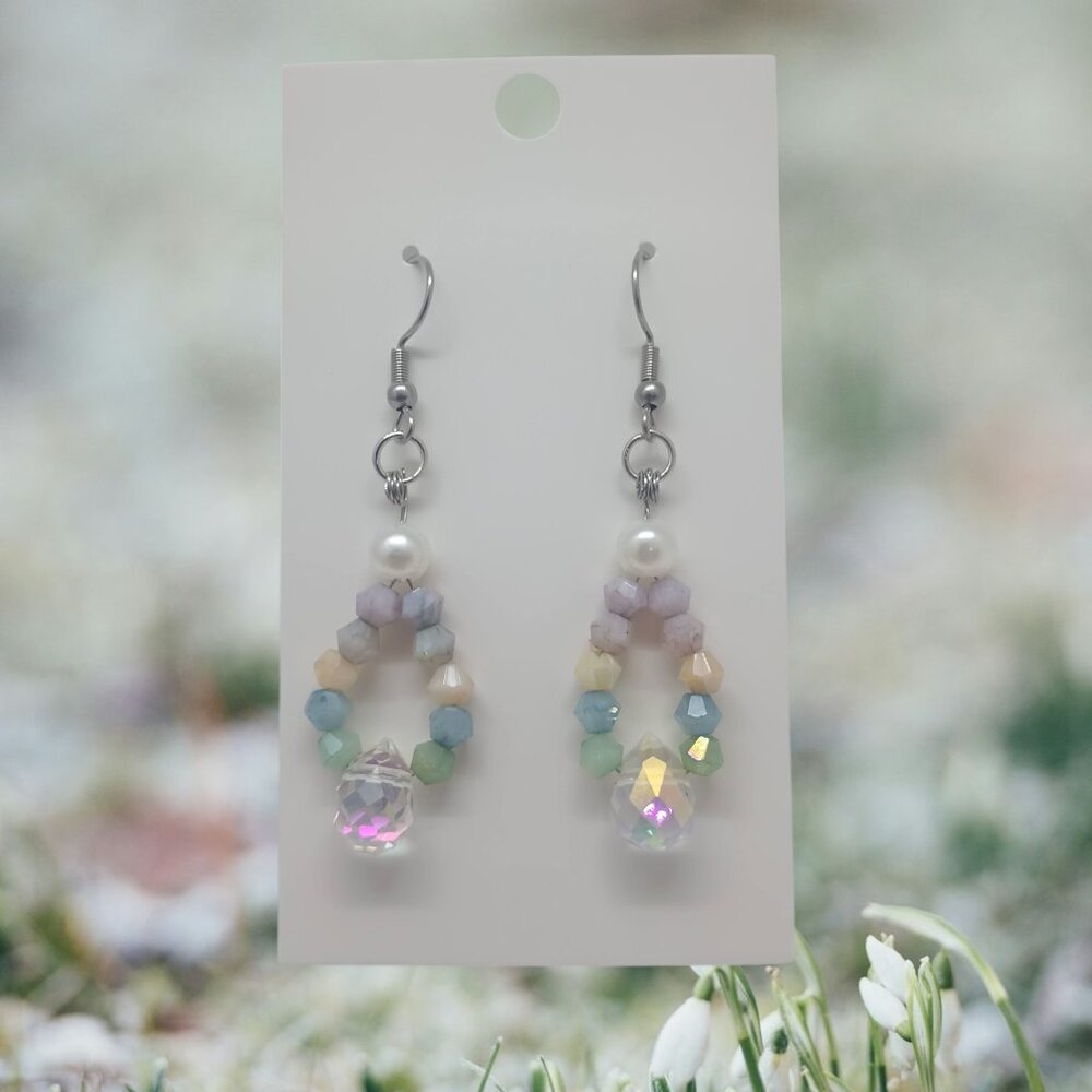 Pastel Rainbow Crystal & Pearl Teardrop Dangle Whimsical Boho Earrings
